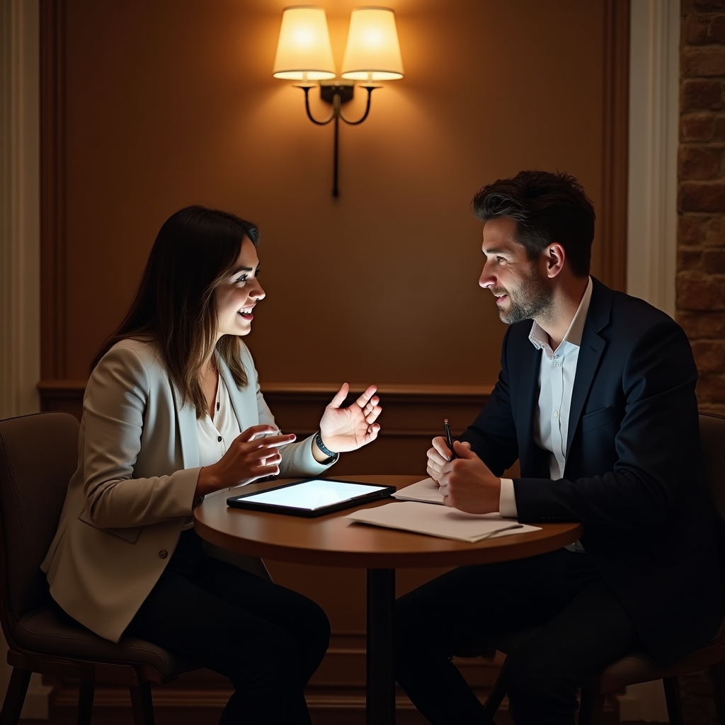 Two professionals discussing a technical SEO course plan during a consultation call in a modern office
