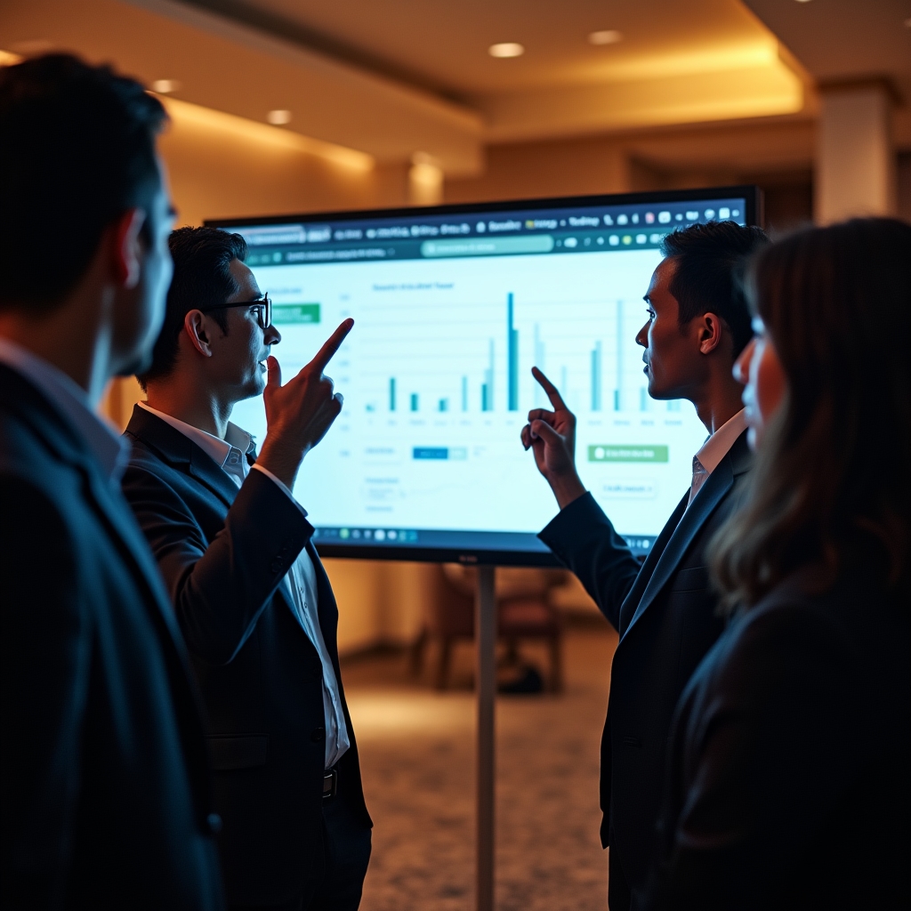 Developers reviewing a crawl budget report on a large monitor in a meeting room