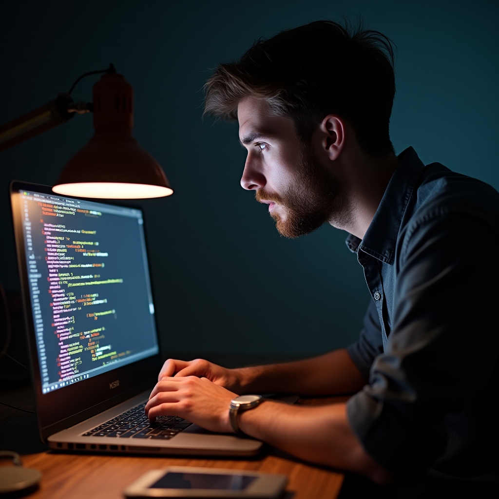Developer analyzing raw server log files on a laptop with terminal windows open