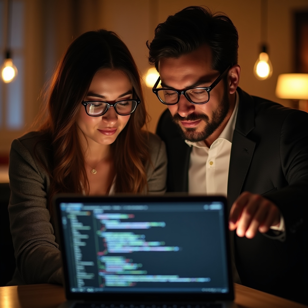 Two developers reviewing JSON-LD structured data code on a shared screen