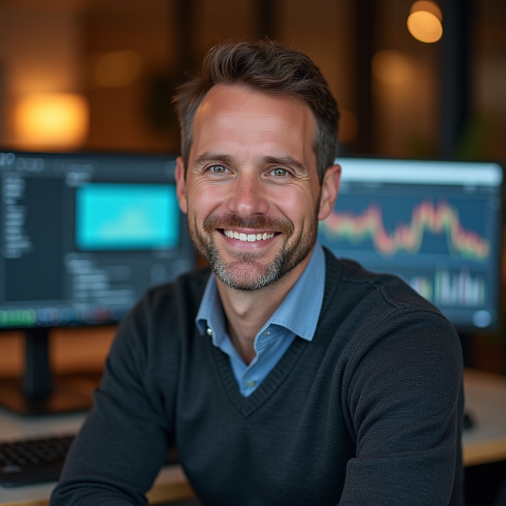 Lead instructor portrait, seated at a desk with monitors displaying technical SEO audit data